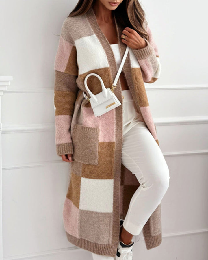 Drune | Lässiger Lockerer Cardigan mit Kontrastkaromuster und Tasche