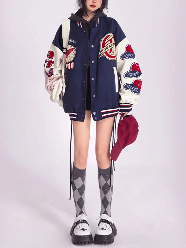 Drune | Blaue College-Varisty-Jacke mit Flockdruck