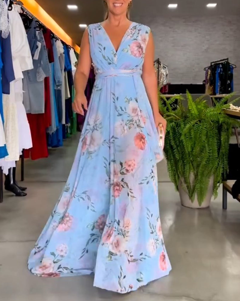 Drune | Elegantes, Ärmelloses Kleid mit Blumendruck und V-Ausschnitt
