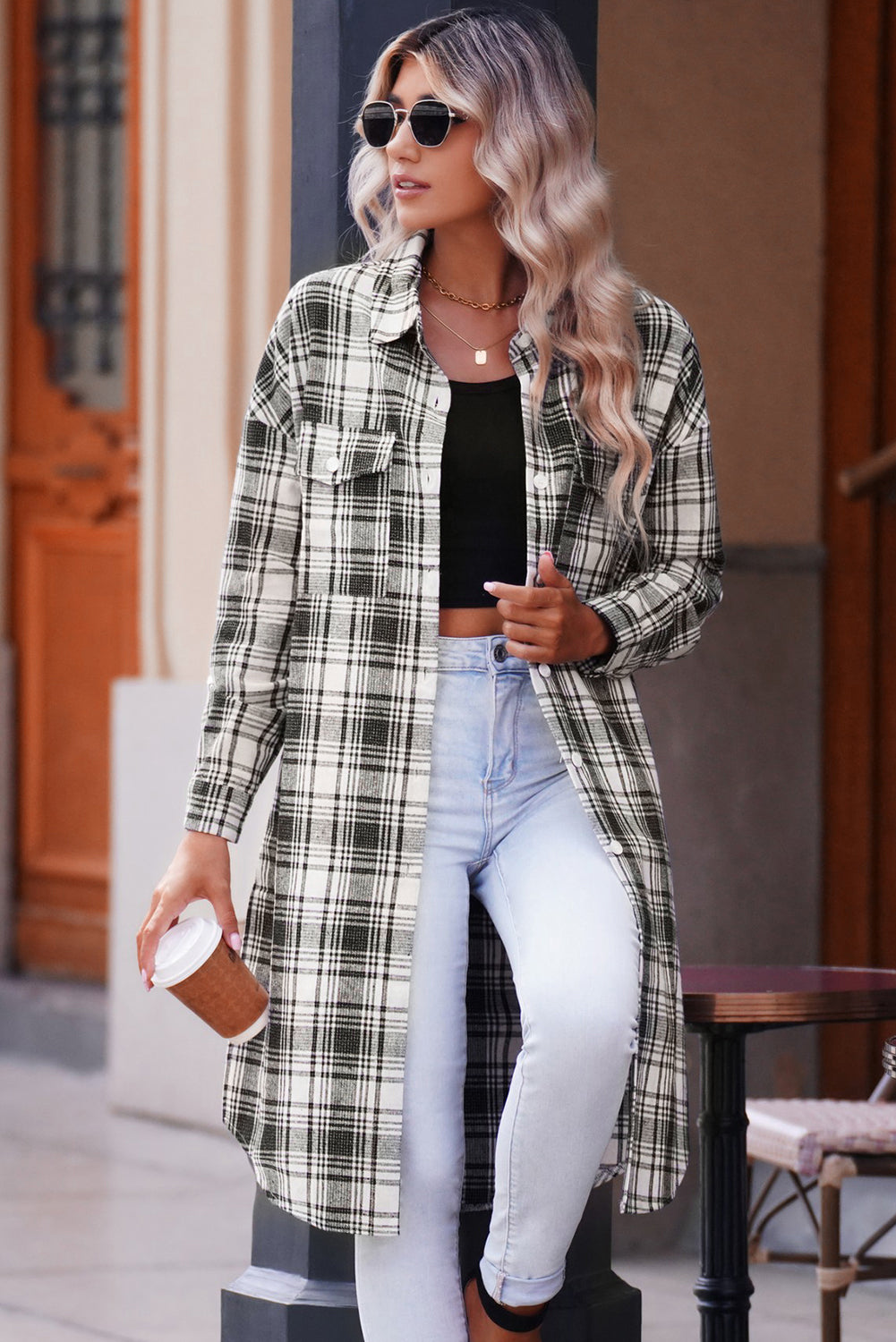 Drune | Karierter Button-Up Longline Shacket mit Brusttaschen