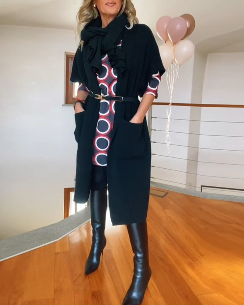 Drune | Lässiger Einfarbiger Cardigan mit Halblangen Ärmeln und Tasche
