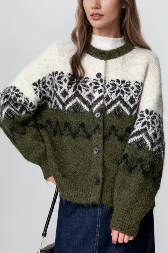 Drune | Retro Nordic Weihnachten Schneeflocke Jacquard Strickjacke