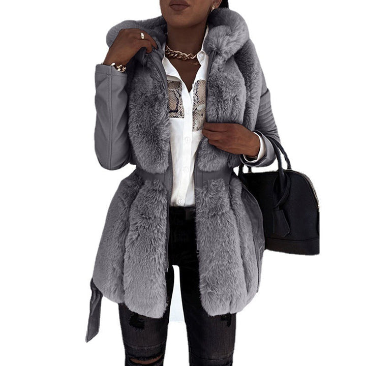 Drune Stil Pelz Gürtel Gürtel Mit Kapuze Zipper Jacke für Damen