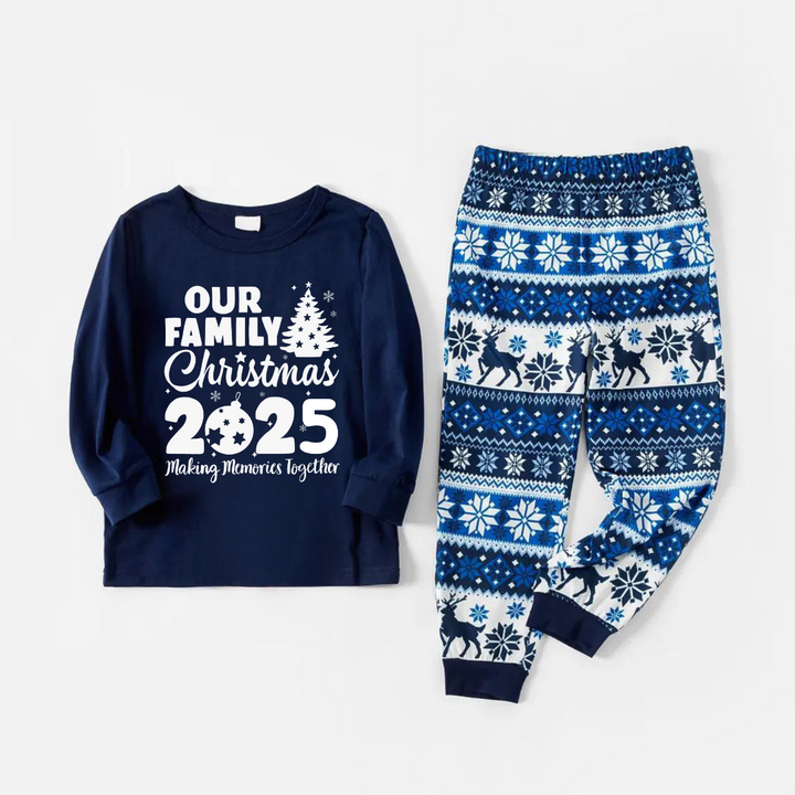 Drune | Unsere Familie Weihnachten 2025 Gemeinsam Erinnerungen Schaffen' Buchstaben Druck Blaue Lange Ärmel Mit Blauen Floral Hosen Familien Passende Schlafanzüge Sets