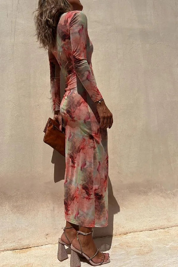 Drune | Charm Lady Mesh Overlay Tie Dye Print Langarm Rüsch Stretch Midi Kleid
