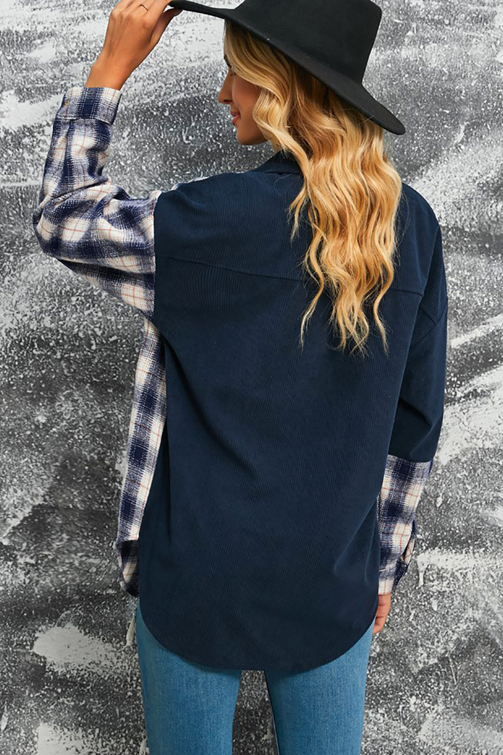 Drune | Karierte Farbblock Gefallen Schulter Corduroy Shacket