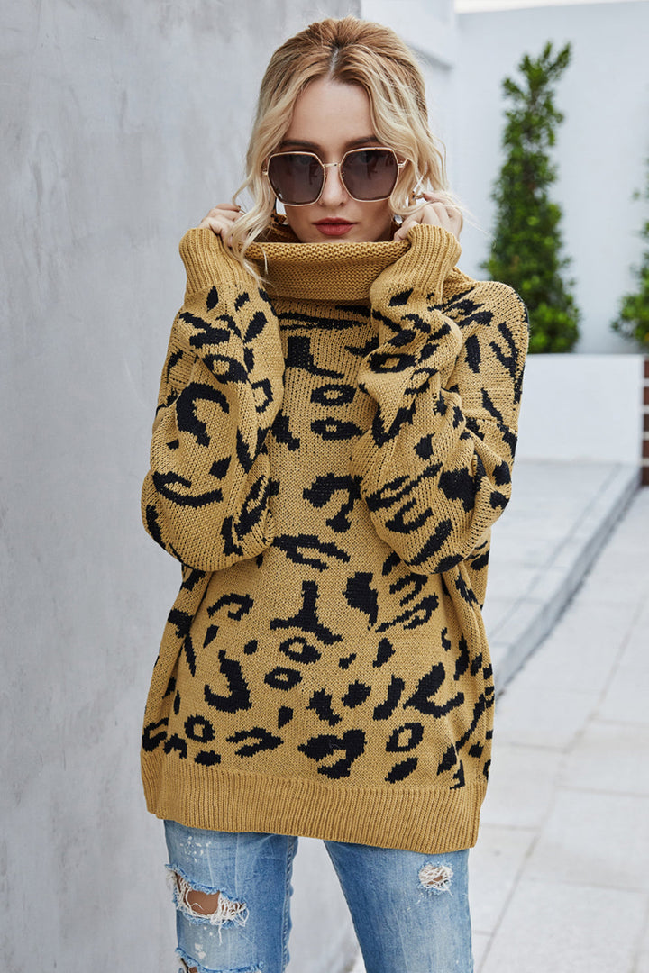 Drune Lockere Leopardenmuster Umlegekragen Pullover