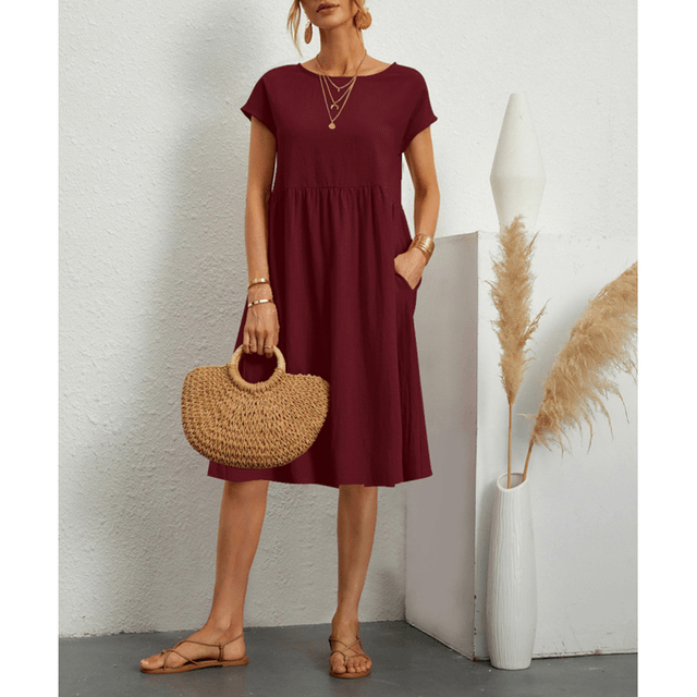 Drune | Baumwolle Leinen Kurzarm Midi Kleid