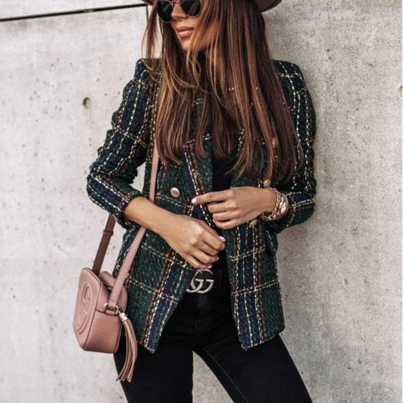 Drune | Blazer Tweed Stoff Karomuster Taillierte Passform Goldene Knöpfe