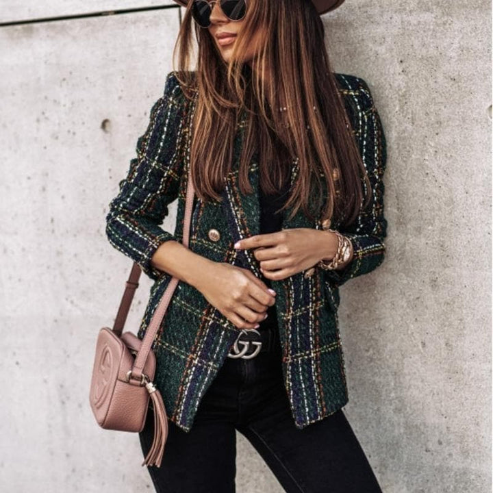 Drune | Blazer Tweed Stoff Karomuster Taillierte Passform Goldene Knöpfe