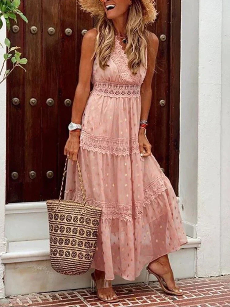 Drune | Stilvolle Lange Kleid Mit Spitzen Details