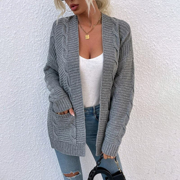 Drune | Strickjacke Gestrickte Kabelmuster Offene Vorderseite Langärmlig Mit Taschen
