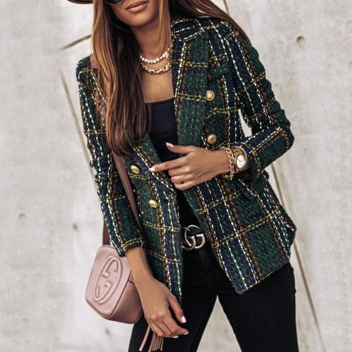 Drune | Blazer Tweed Stoff Karomuster Taillierte Passform Goldene Knöpfe