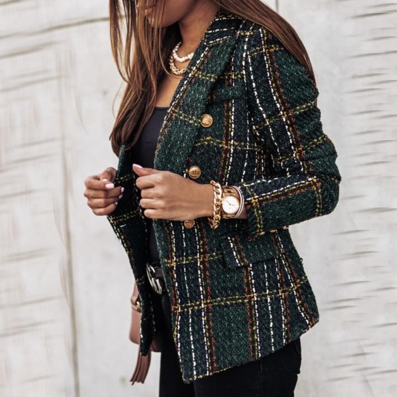 Drune | Blazer Tweed Stoff Karomuster Taillierte Passform Goldene Knöpfe