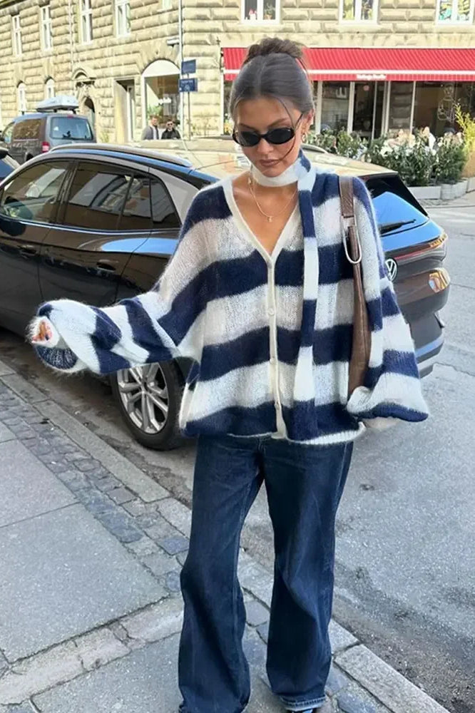 Drune | Striped V-neck loose knitted cardigan