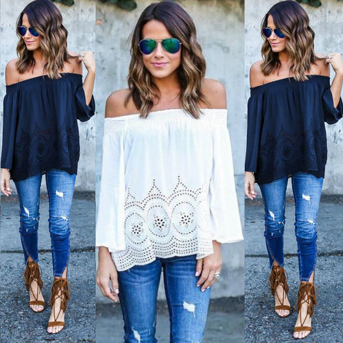 Damen Off-Shoulder Bluse mit voluminösen Ärmeln und filigranem Häkelmuster Drune