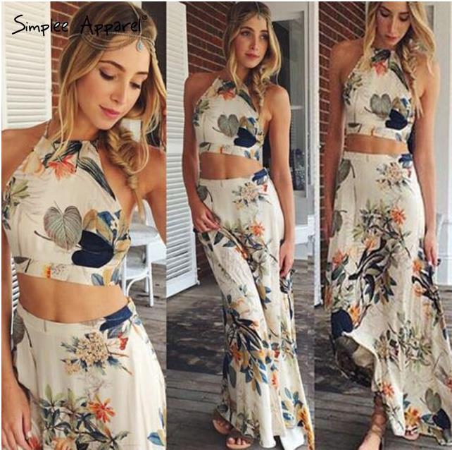 Damen Crop-Top und Maxi-Rock Set mit floralem Muster und hohem Bund Drune