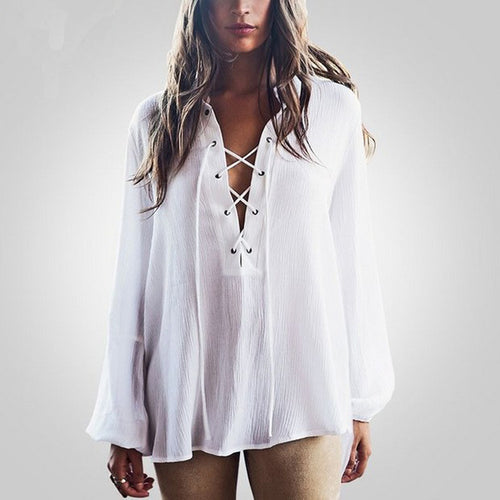 Damen Bluse mit tiefem V-Ausschnitt und eleganter Schnürung Drune