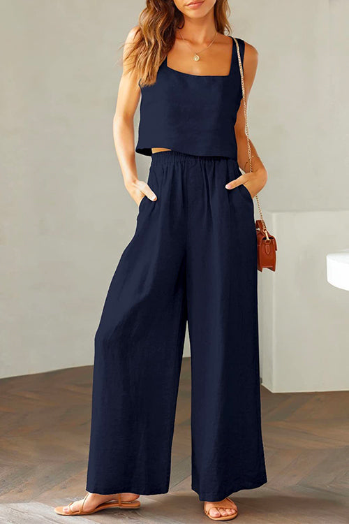 Drune | Rosiedress Quadratischer Kragen Cami Crop Top Weite Bein Hose Baumwolle Leinen Set