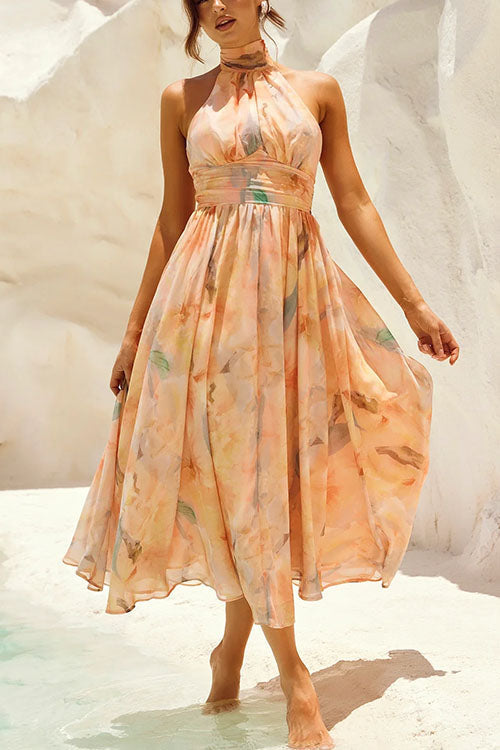 Drune | Halter Bow Neck Backless Beck Print Swing Maxi Kleid