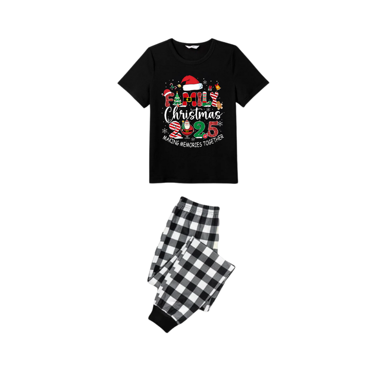 Drune | Schwarz-weißer Karierter Weihnachts-Shorts-Ärmels-Pyjama-Set mit "Familienweihnachten 2025 Erinnerungen zusammen schaffen" Textdruck