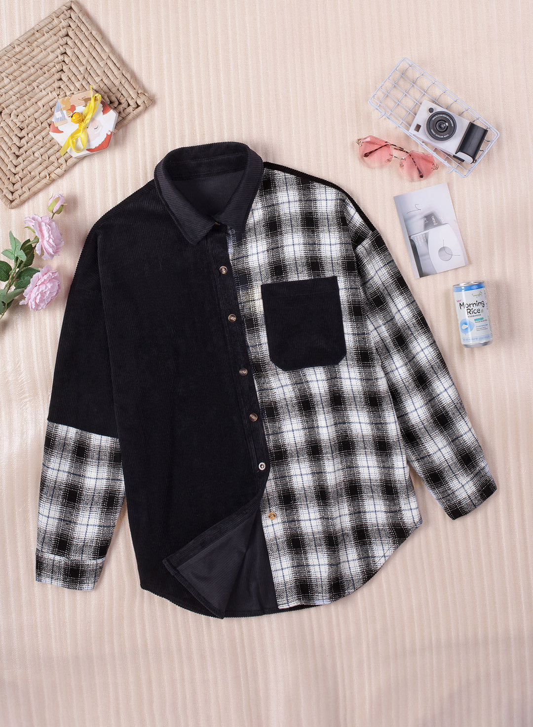 Drune | Karierte Farbblock Gefallen Schulter Corduroy Shacket