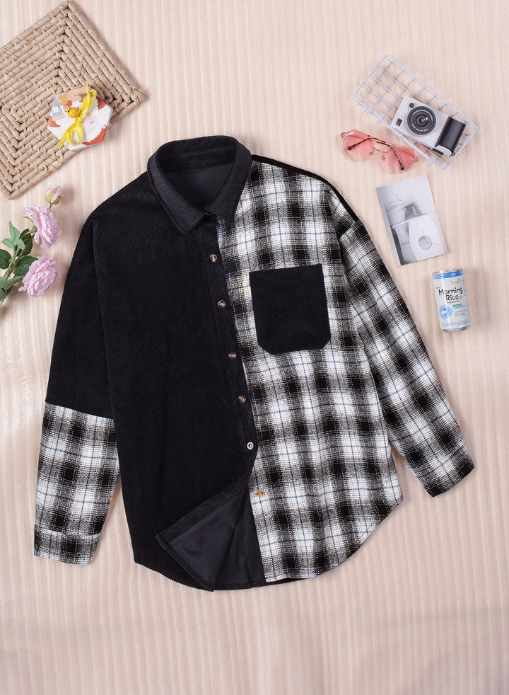 Drune | Karierte Farbblock Gefallen Schulter Corduroy Shacket