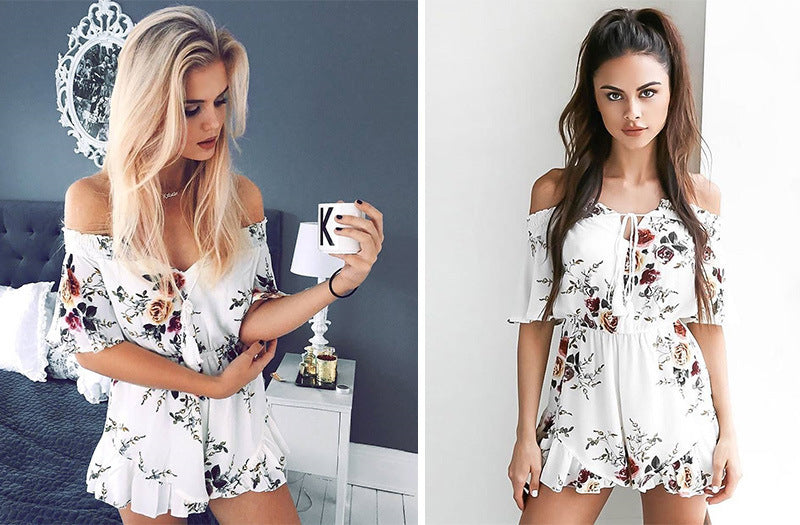 Damen Off-Shoulder Jumpsuit mit floralem Muster Drune