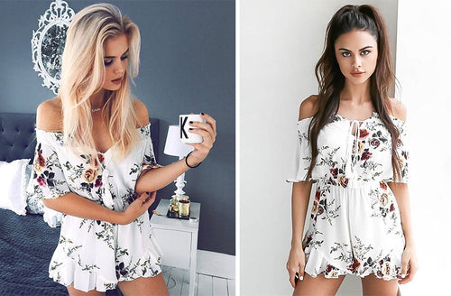 Damen Off-Shoulder Jumpsuit mit floralem Muster Drune