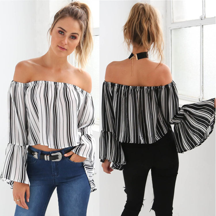 Damen Off-Shoulder Bluse mit voluminösen Ärmeln und gestreiftem Design Drune
