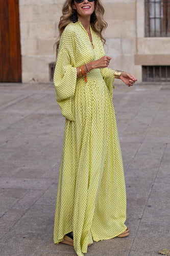 Drune | Langarm V-Ausschnitt Kleid Lockere Passform Taillierte Silhouette Fließender Saum Eleganter Stil