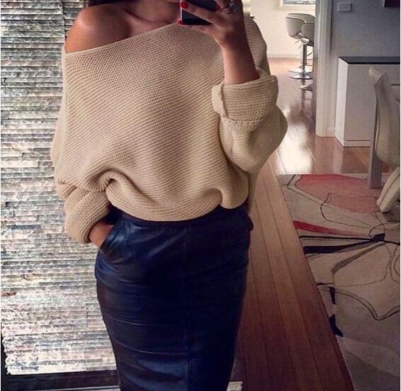 Damen lässiger Strickpullover mit off-shoulder Design und grober Textur Drune