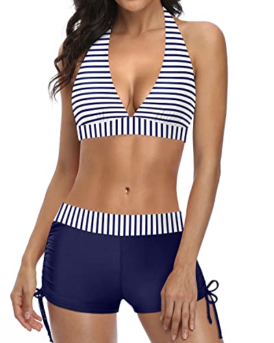 Drune | Sportlicher Zweiteiler Badeanzug Mit Push up Bikini Und Boyshort Blau Weiß Gestreift
