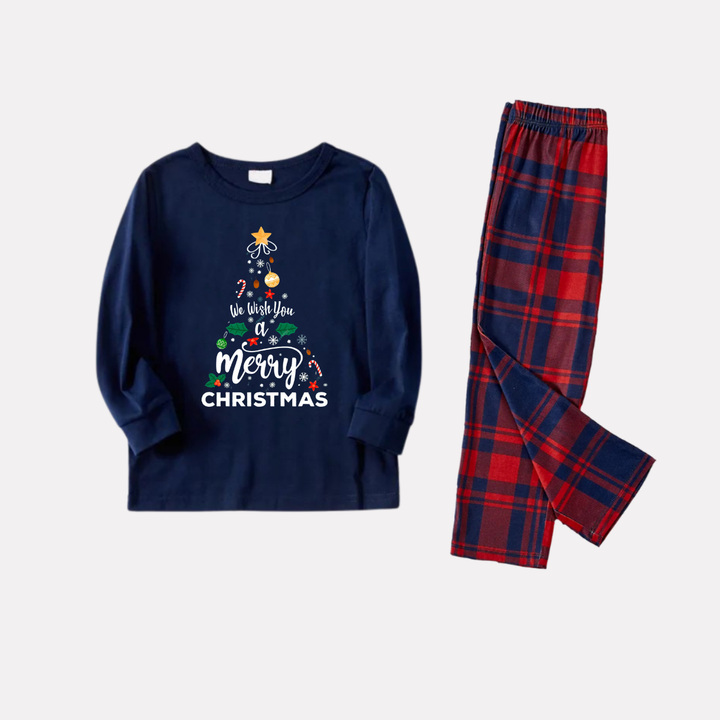Drune | "We Wish You a Merry Christmas" Bedrucktes Blau Langarmshirt Mit Blau & Rotem Karomuster Familie Passende Pyjamas