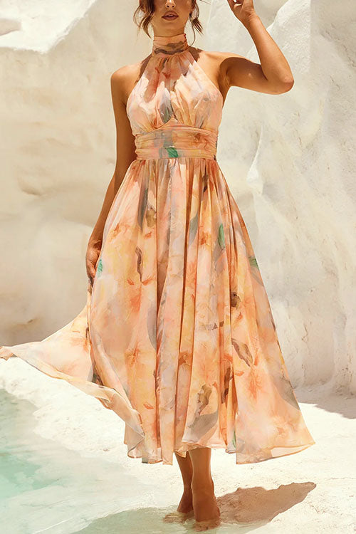 Drune | Halter Bow Neck Backless Beck Print Swing Maxi Kleid