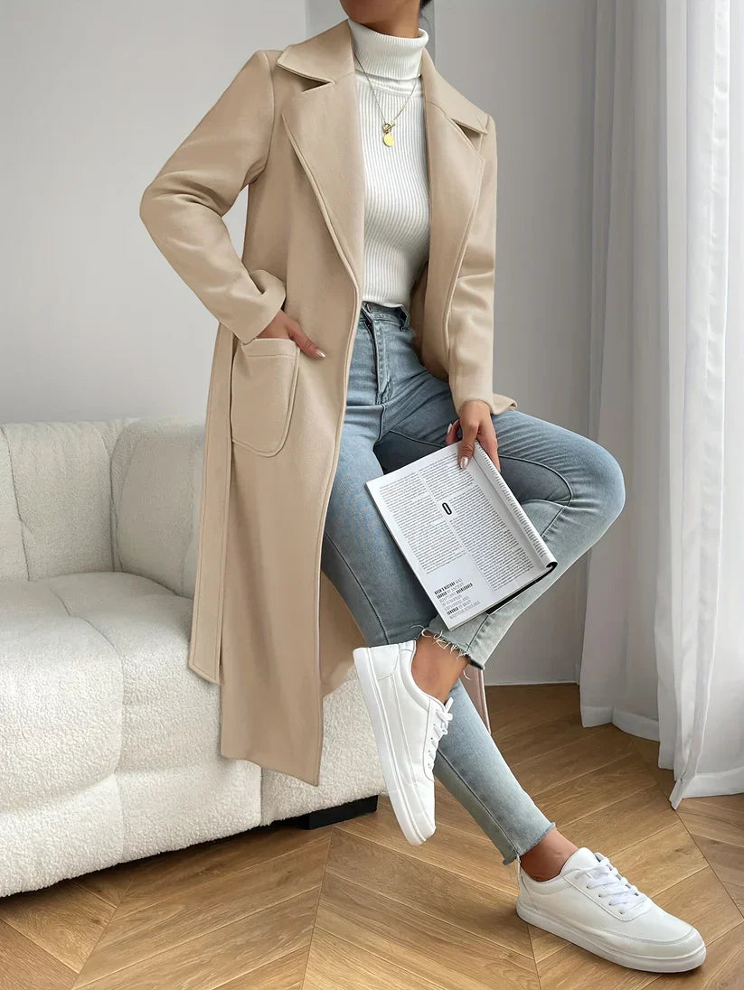 Drune | Trenchcoat mit aufgesetzten Taschen, langer Länge und Uni-Farbe sowie langen Ärmeln für Damen - Perfekt für den Alltag