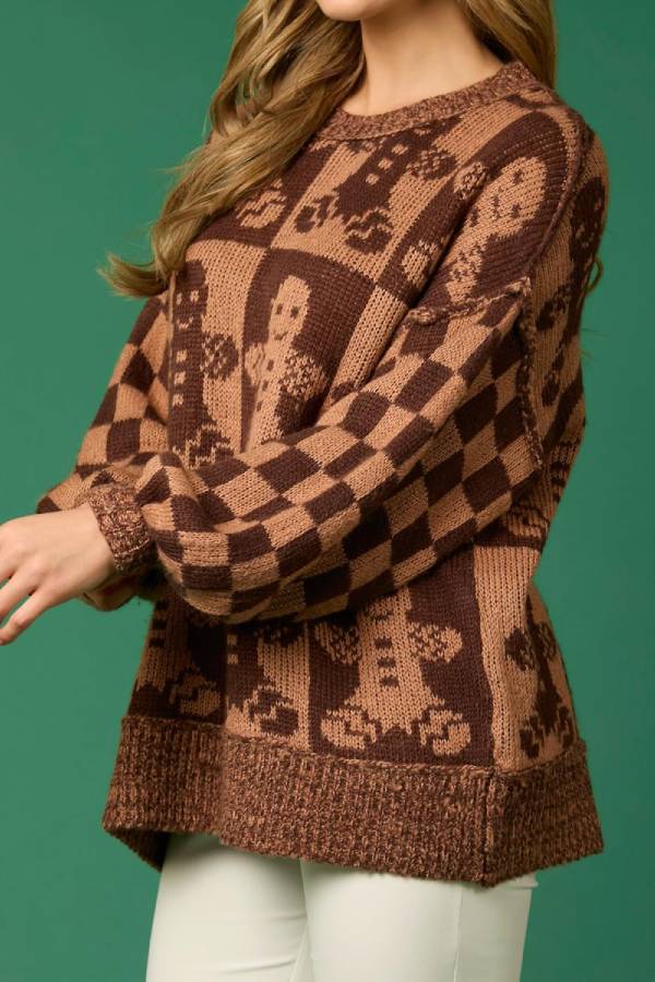 Drune | Weihnachtslebkuchenmann Rundhalsausschnitt Langarm Lockere Strickpullover