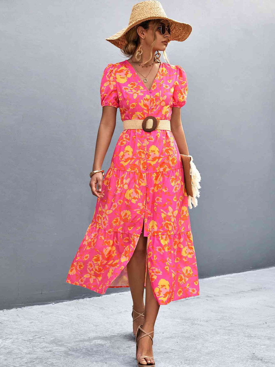 Drune | V-Ausschnitt Kurzarm Hohe Schlitz Midi Kleid