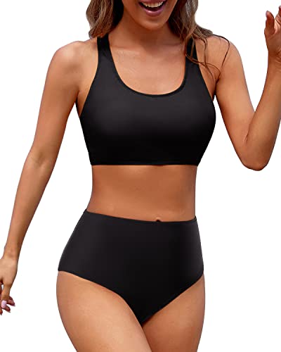 Drune | Damen Zweiteiliger Bikini Sport Crop Top Badeanzug Schwarz