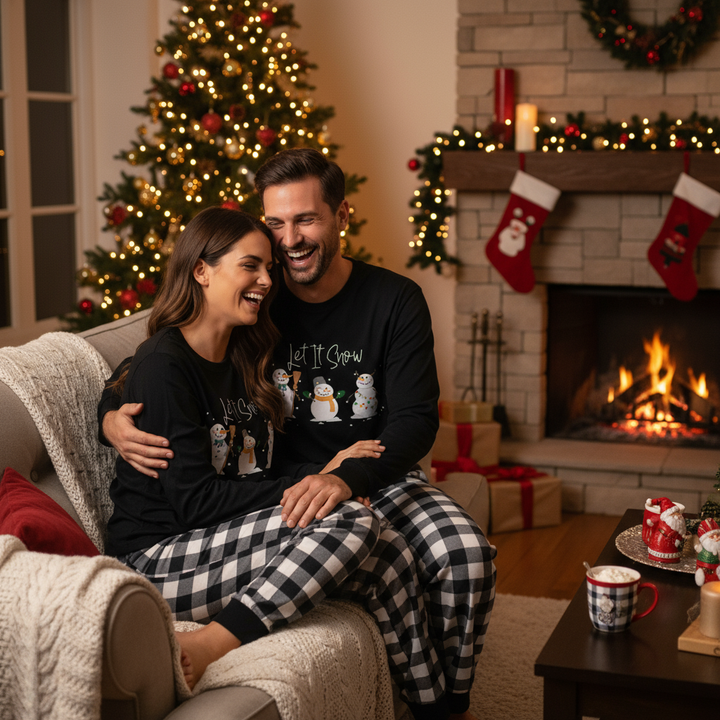 Drune | Paar Schwarz-Weiße Karierte Weihnachten Pyjama Set Mit Schneemann Und "Lasst Es Schneien" Cartoon Druck