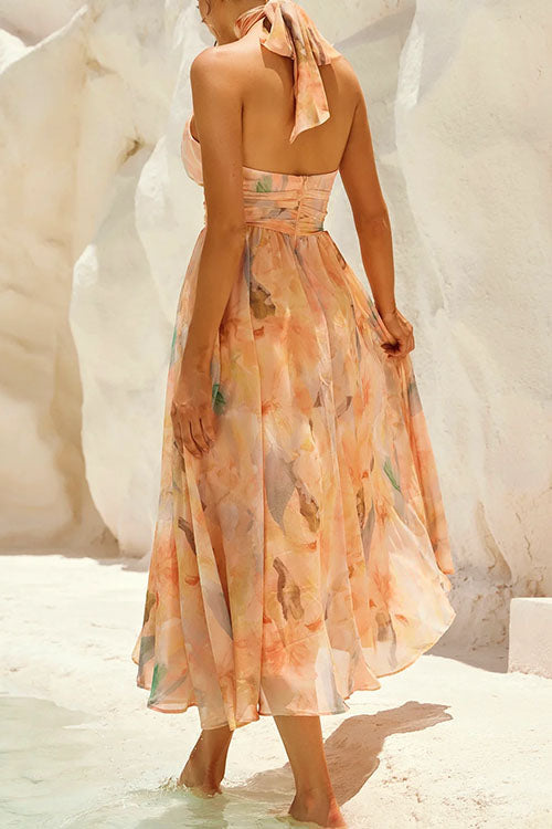 Drune | Halter Bow Neck Backless Beck Print Swing Maxi Kleid