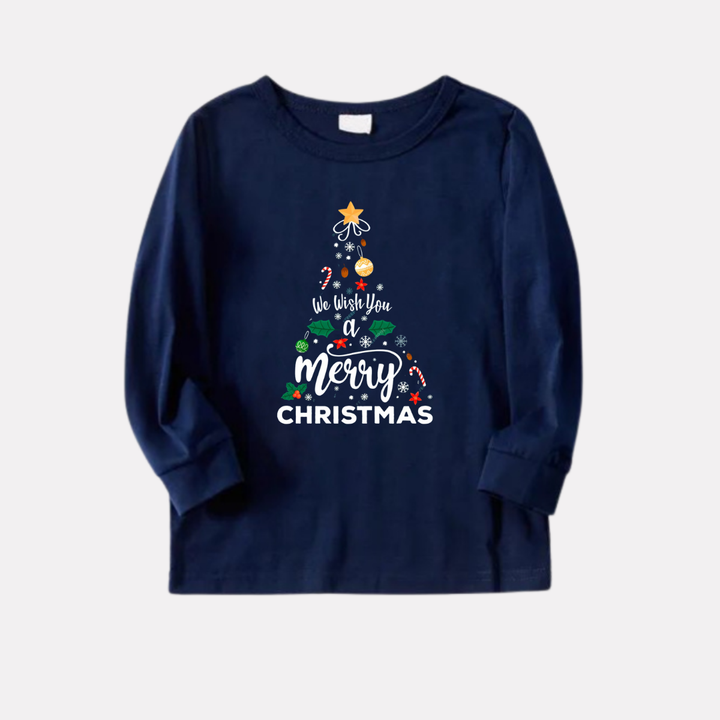 Drune | "We Wish You a Merry Christmas" Bedrucktes Blau Langarmshirt Mit Blau & Rotem Karomuster Familie Passende Pyjamas