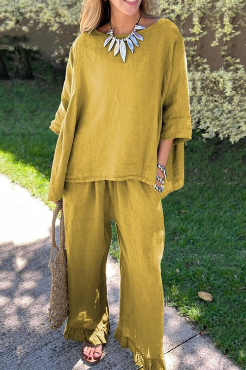 Drune | Rosiedress Baumwolle Leinen 3/4 Ärmel Pullover Top Weite Hose Rüschen Saum Set