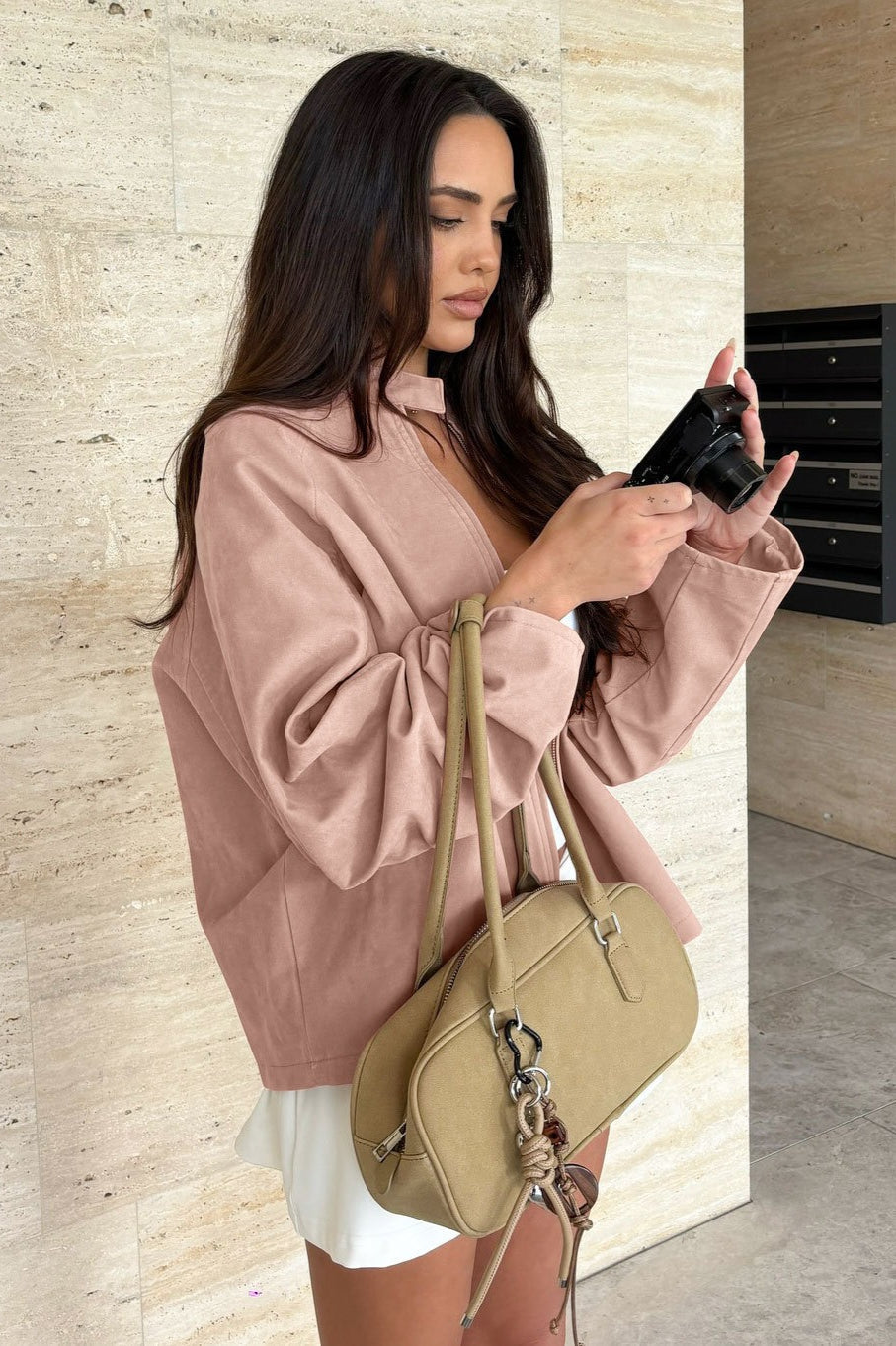 Drune | Stylish suede jacket with a stand-up collar and long sleeves