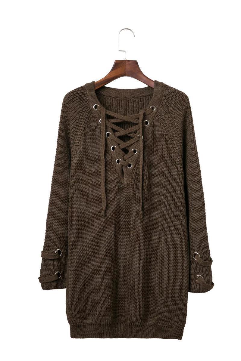 Damen Lässiger Strickpullover mit dekorativem Schnürdesign und weiten Ärmeln Drune