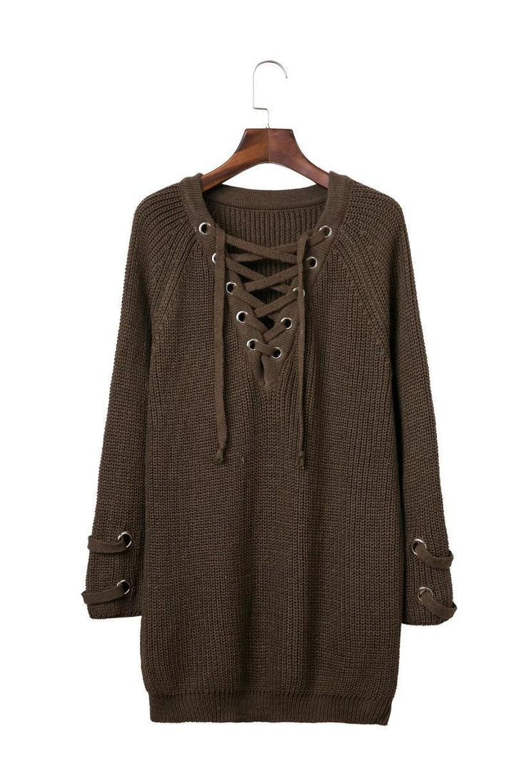 Damen Lässiger Strickpullover mit dekorativem Schnürdesign und weiten Ärmeln Drune
