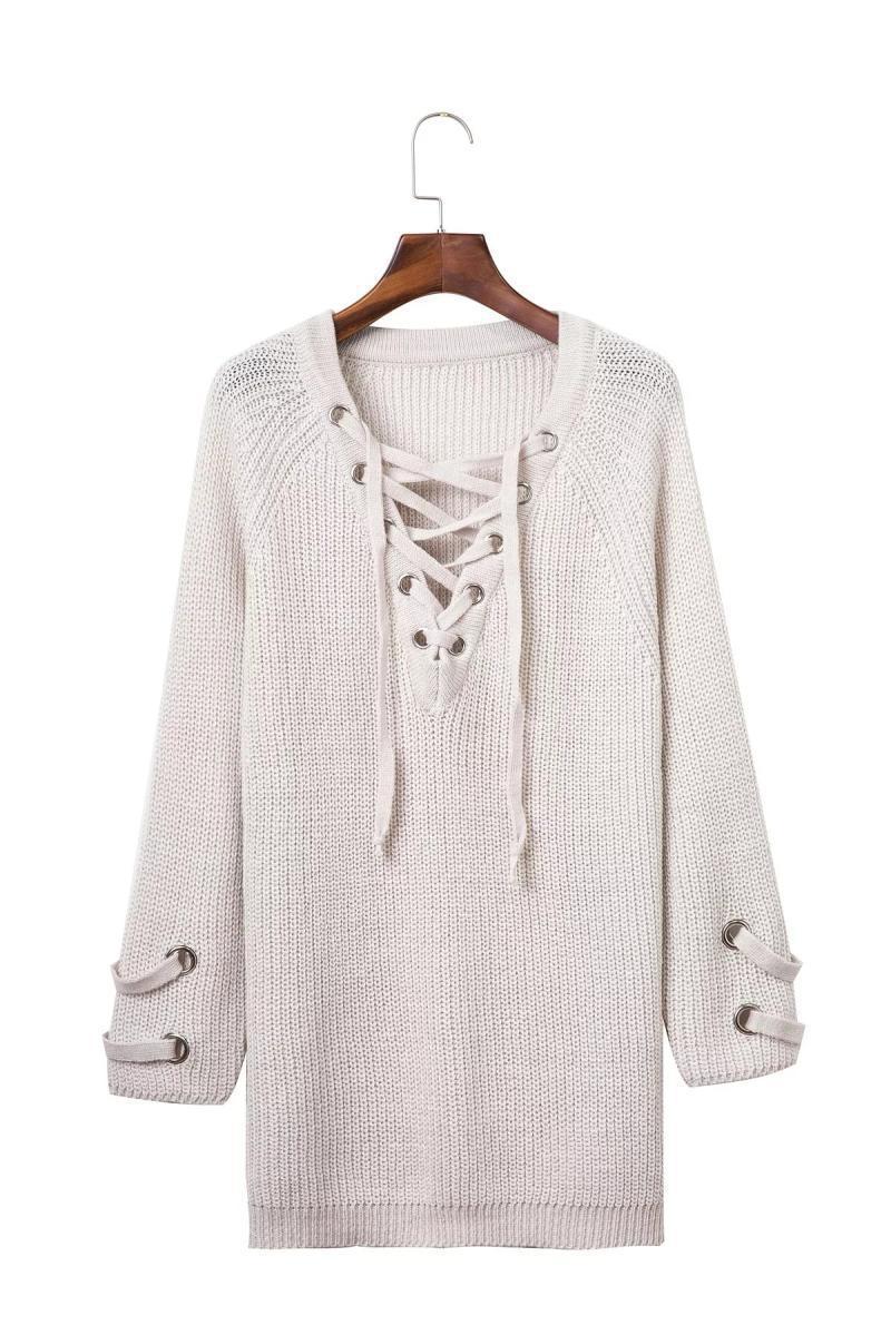 Damen Lässiger Strickpullover mit dekorativem Schnürdesign und weiten Ärmeln Drune