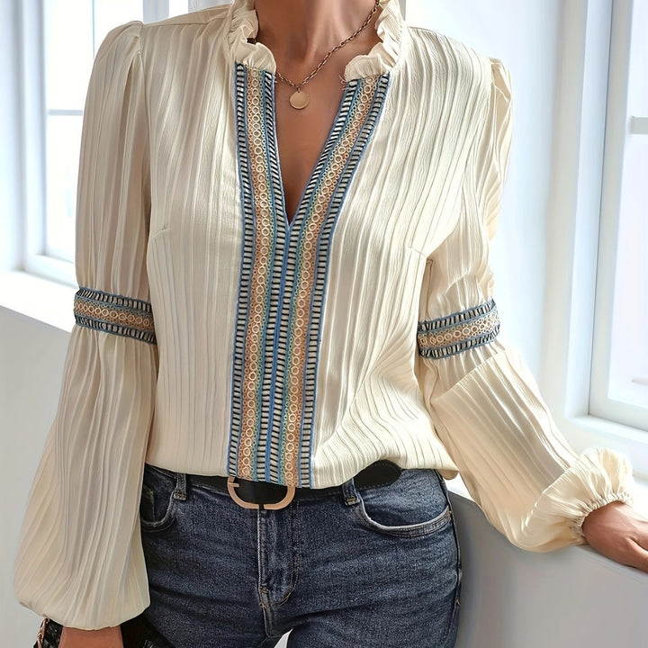 Drune Spitzen-Patchwork-Shirt mit V-Ausschnitt