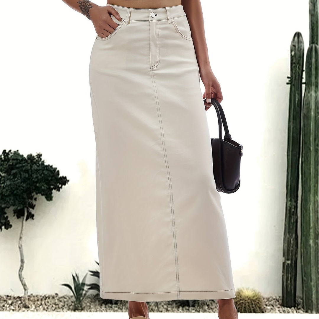 Drune | Einfarbiger Weißer Schlitz Hinten Lässig Maxi Denim Rock