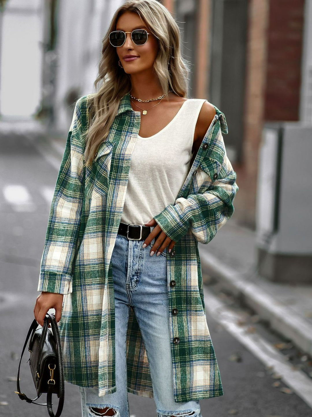 Drune | Karierte Button-Up Longline Jacke mit Taschen